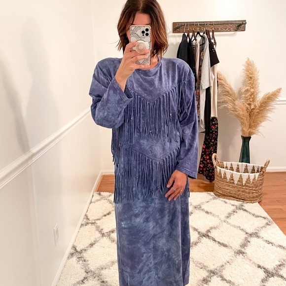 90s Fringe Caftan Moo Moo Maxi Tie Dye Dress M - Picture 1 of 8